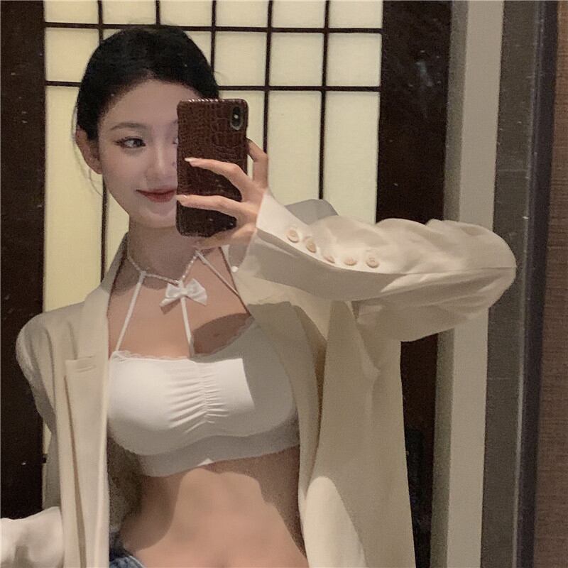 レースサマーホルタートップス ショートシャツ リボン 夏物 ブラックストロベリース54867531212