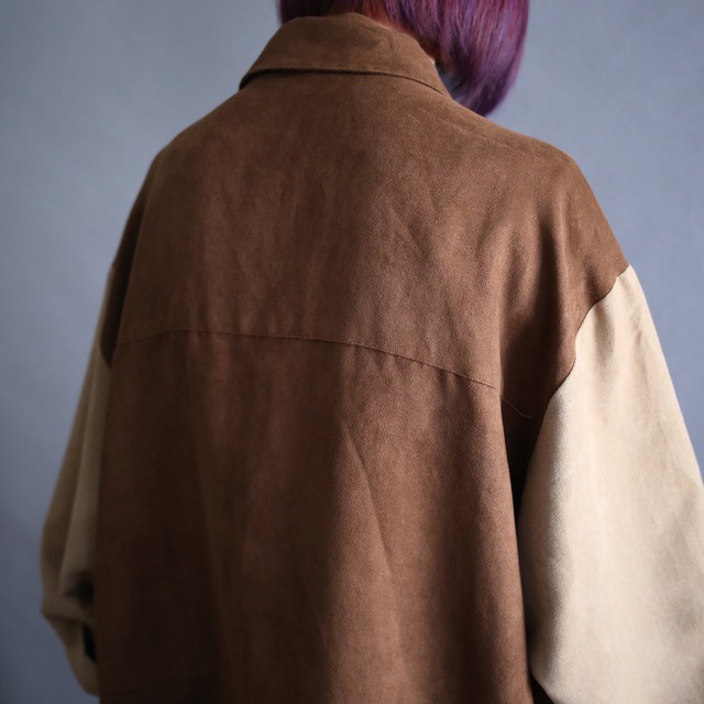 switching and fly-front zip-up design over size fake suede shirt jacket