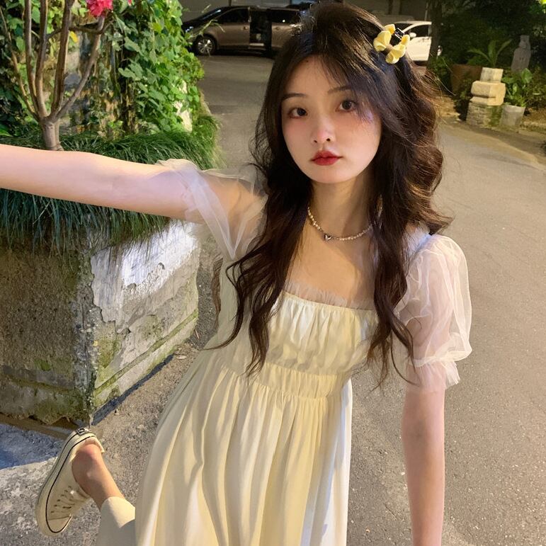 【新作】【送料無料】 [裏地付き]優しいアプリコット色のメッシュスプライシングドレス、ニッチ、シンプル、スイート、女の子のためのスクエアネックジャンプスーツ 029219816024