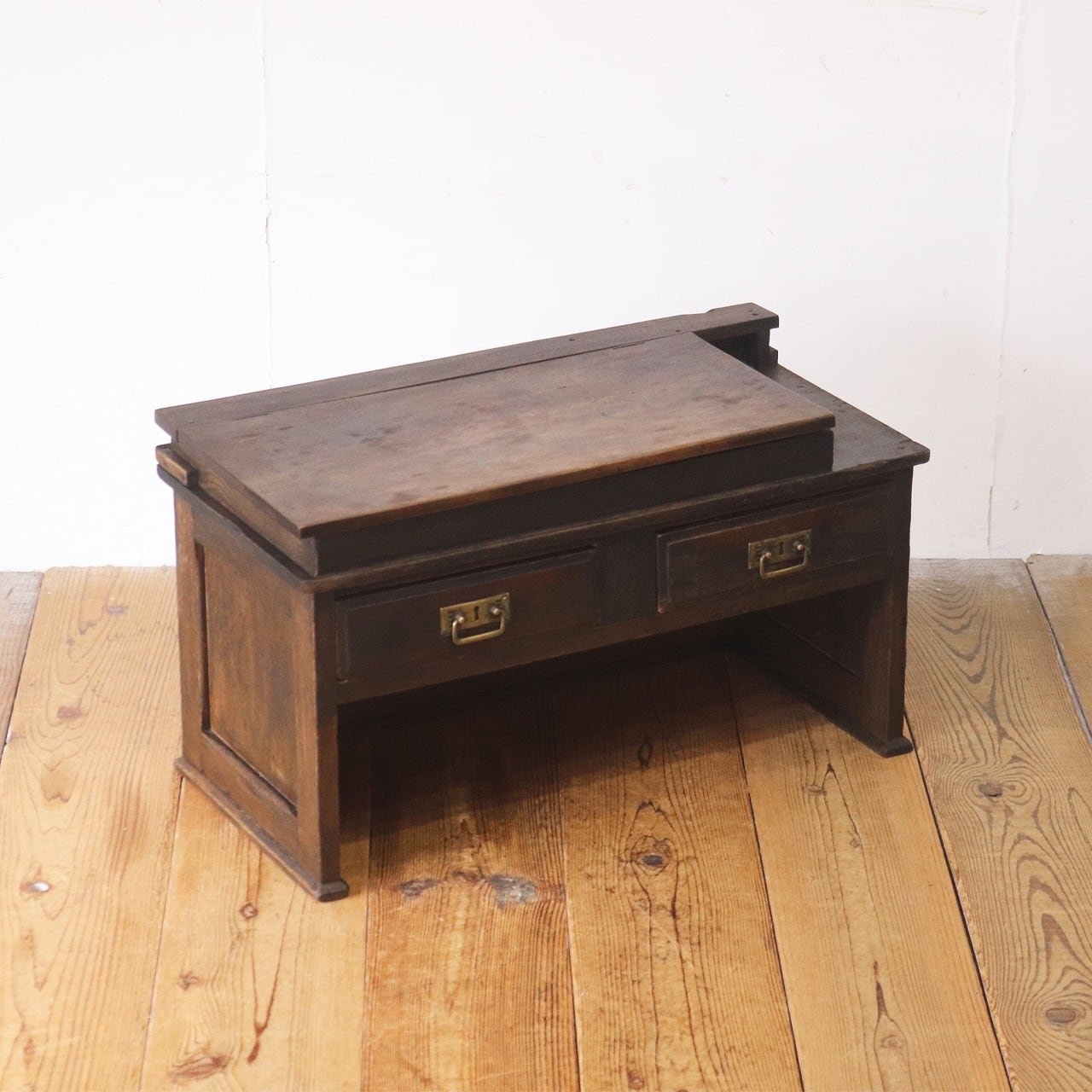レトロ 文机 ローテーブル 座卓 帳場机 跳ね上げ天板 無垢材 引き出し 抽斗 2杯 花台 ヴィンテージ/PJT21145