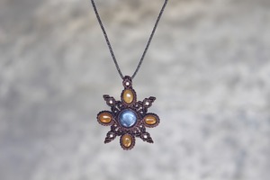 Kyanite & Hessonite Garnet micro macrame mandala pendant