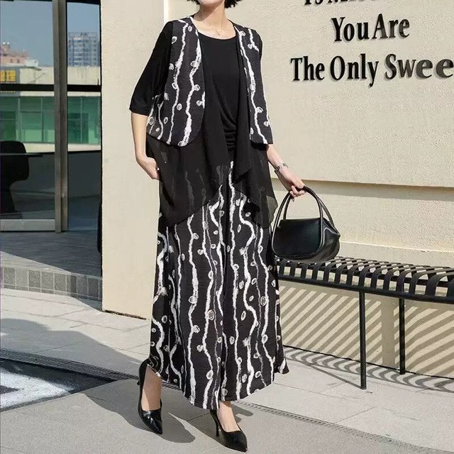 DESIGN VEST & INNER SHIRT & WIDE LEG PANTS SET 3pieces 2colors M-16442