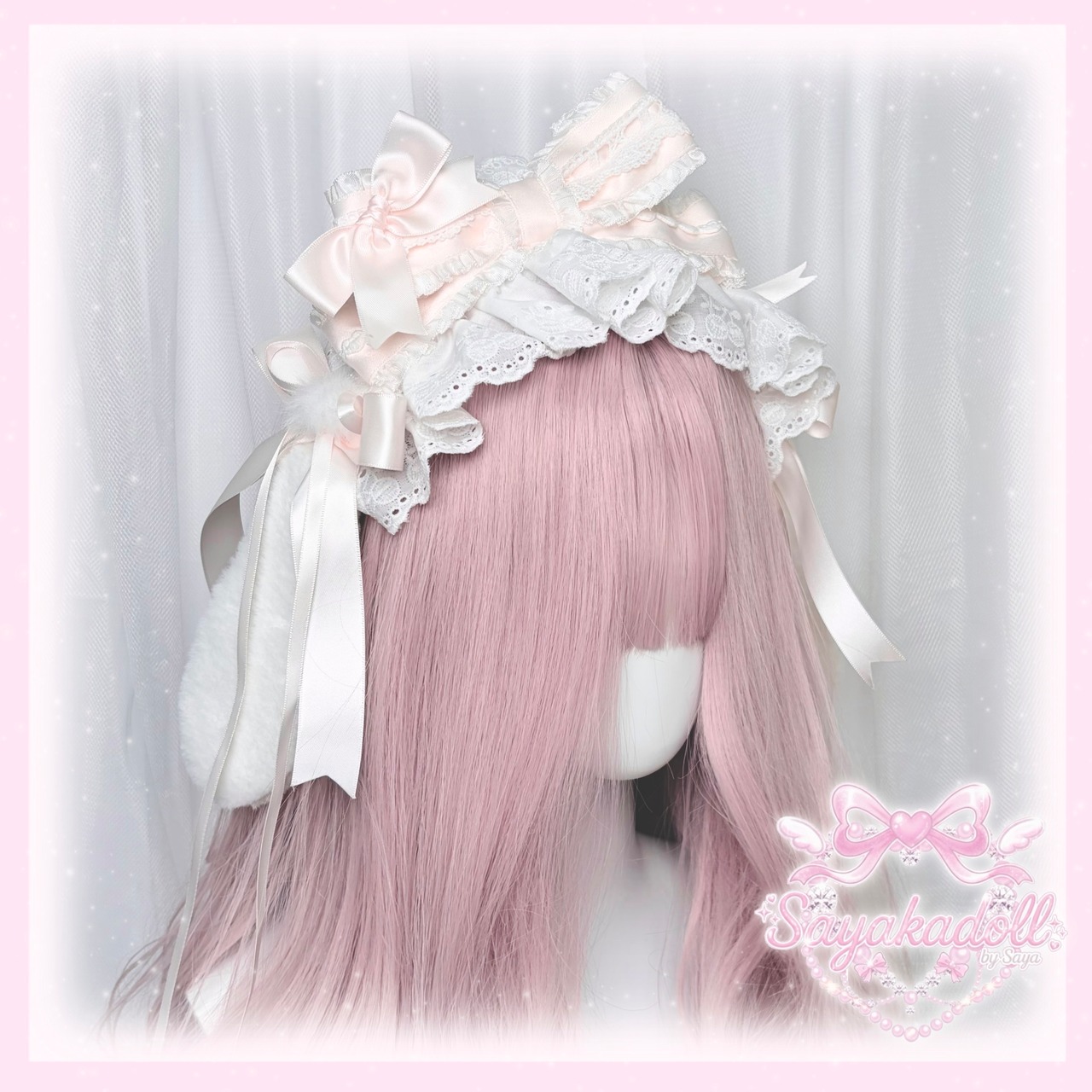 ♡ 【全4色】Milky bunny ぽんぽんリボン うさみみフリルレースヘッドドレス black ♡