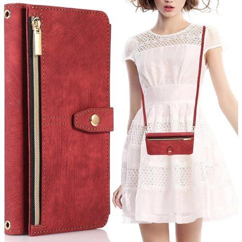 NKECXKJ iPhone7/iphone8/iphonese/se3/se2 用 スマホケース アイフォンse 肩掛け 首かけ 斜めがけ ショルダー PU革レザー iphonese第2世代 多機能 チャック付き 財布型 手帳型 カバー s e iphonese第3世代 カード収納 横置き スタンド機能 マグネットバックル付き 全面保護 レディース 赤 2149