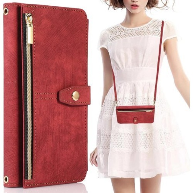 NKECXKJ iPhone7/iphone8/iphonese/se3/se2 用 スマホケース アイフォンse 肩掛け 首かけ 斜めがけ ショルダー PU革レザー iphonese第2世代 多機能 チャック付き 財布型 手帳型 カバー s e iphonese第3世代 カード収納 横置き スタンド機能 マグネットバックル付き 全面保護 レディース 赤 2149