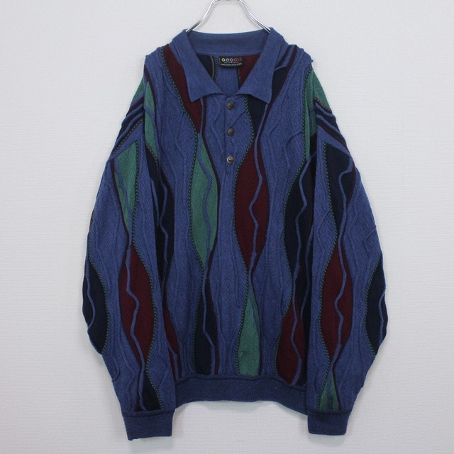 【Caka act2】Vintage Multi Coloring Loose 3D Knit Polo Sweater