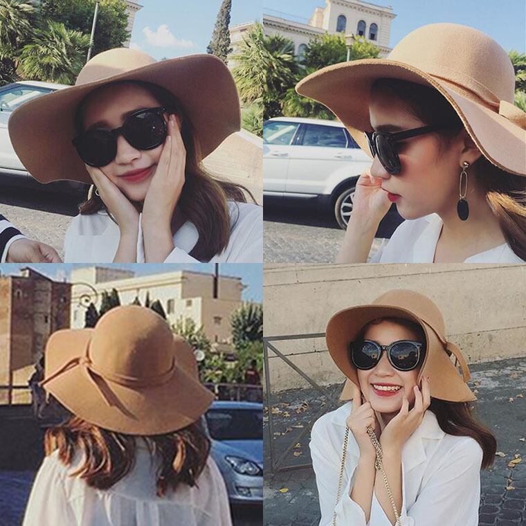 大きな軒の弓結びウールの秋と冬の太陽の帽子のバージョン英国のドームキャメルカジュアルジャズ帽子女性の潮 ブラック・アイド・ピーズ29679131912