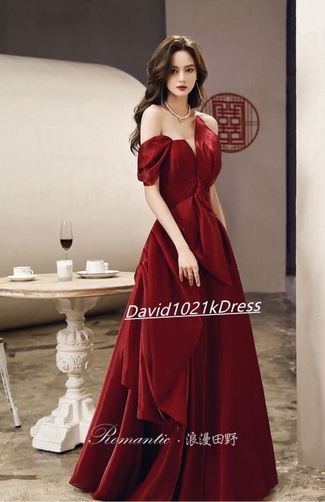 ワインレッド パーティードレス オフショルダー ロング 結婚式  