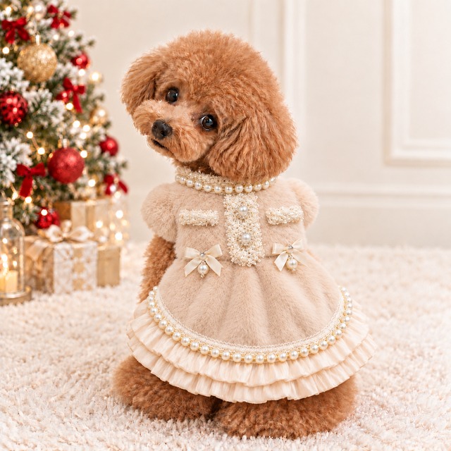 【海外ハンドメイド】フェイクファー×パールドレス　犬服　01341
