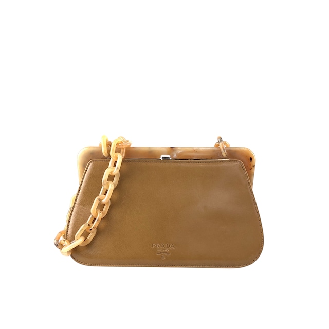 PRADA プラダ ショルダーバッグ ブラウン ロゴ レザー がま口 チェーンショルダー vintage ヴィンテージ オールド 8f3n64