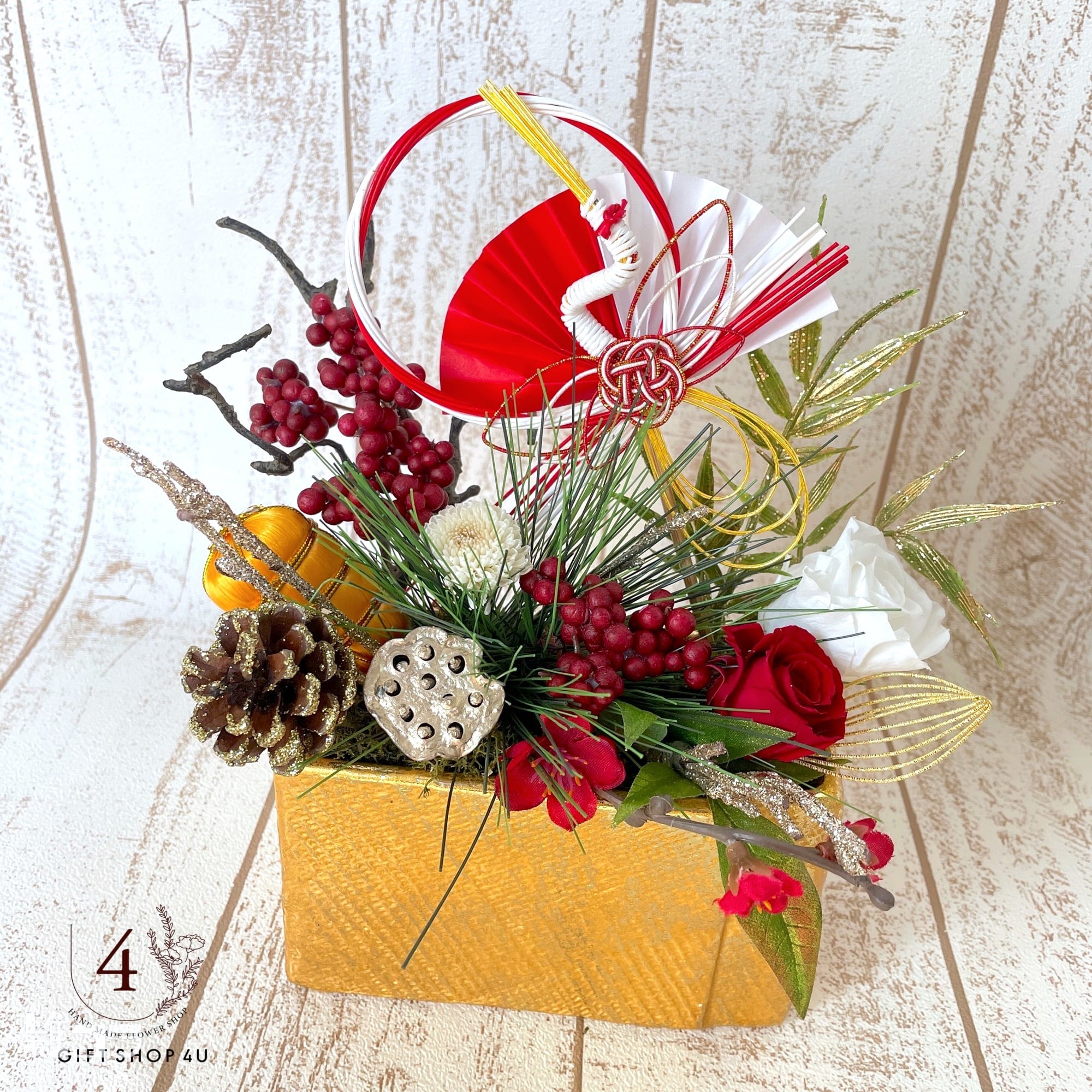 お正月】お正月お飾り 「紅白鶴」豪華なプリザーブドフラワー