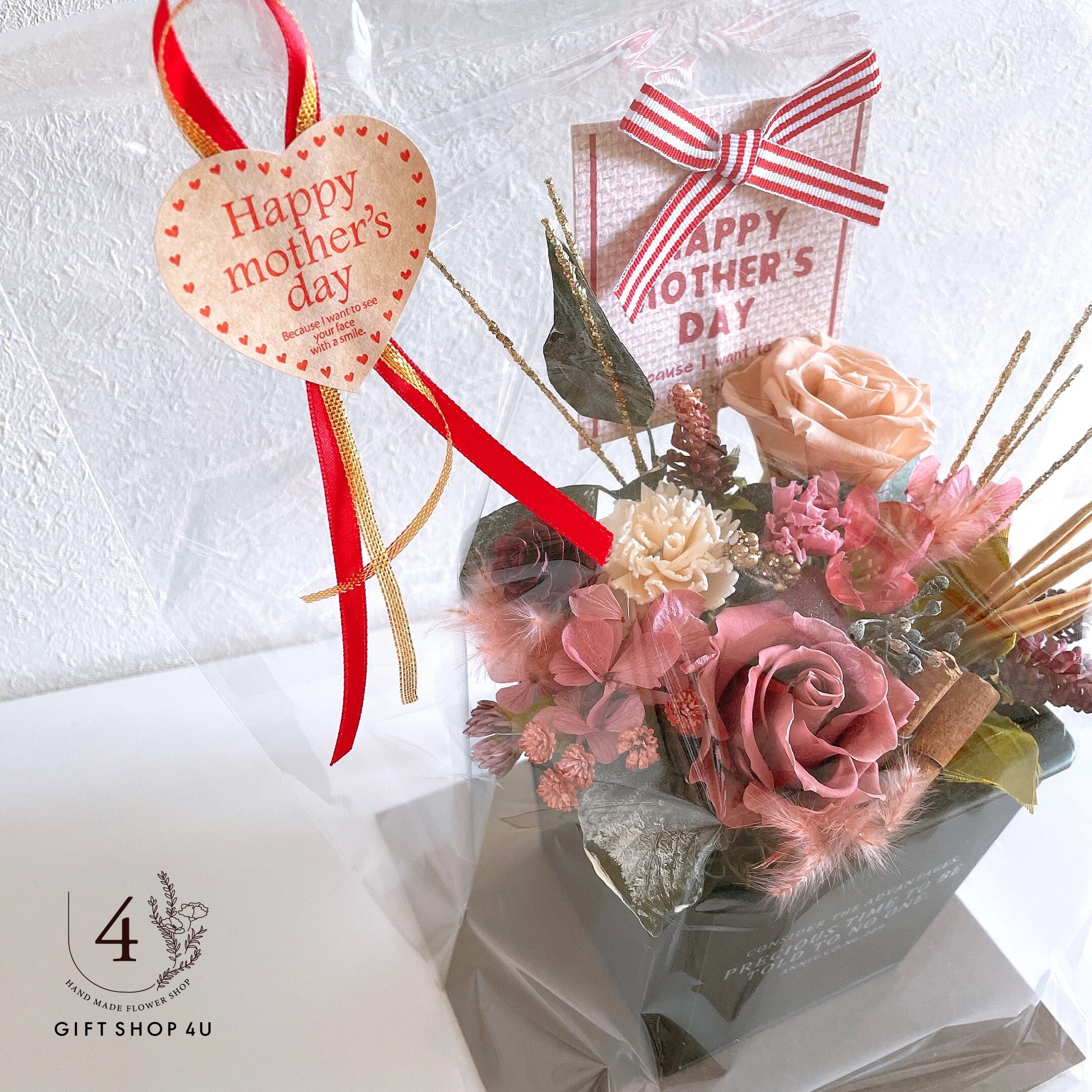 母の日】母の日アートフラワーアレンジメント（ホワイトピンク