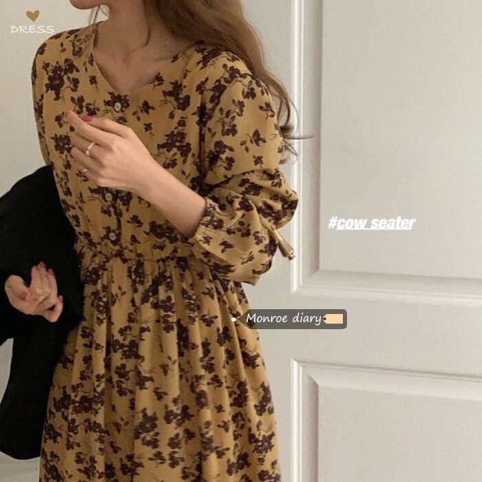 スタンダードフローラルベルベットドレス レディースオータムウィンタースカート ロング レトロ 秋物 冬物 花柄 モンロー79003404877