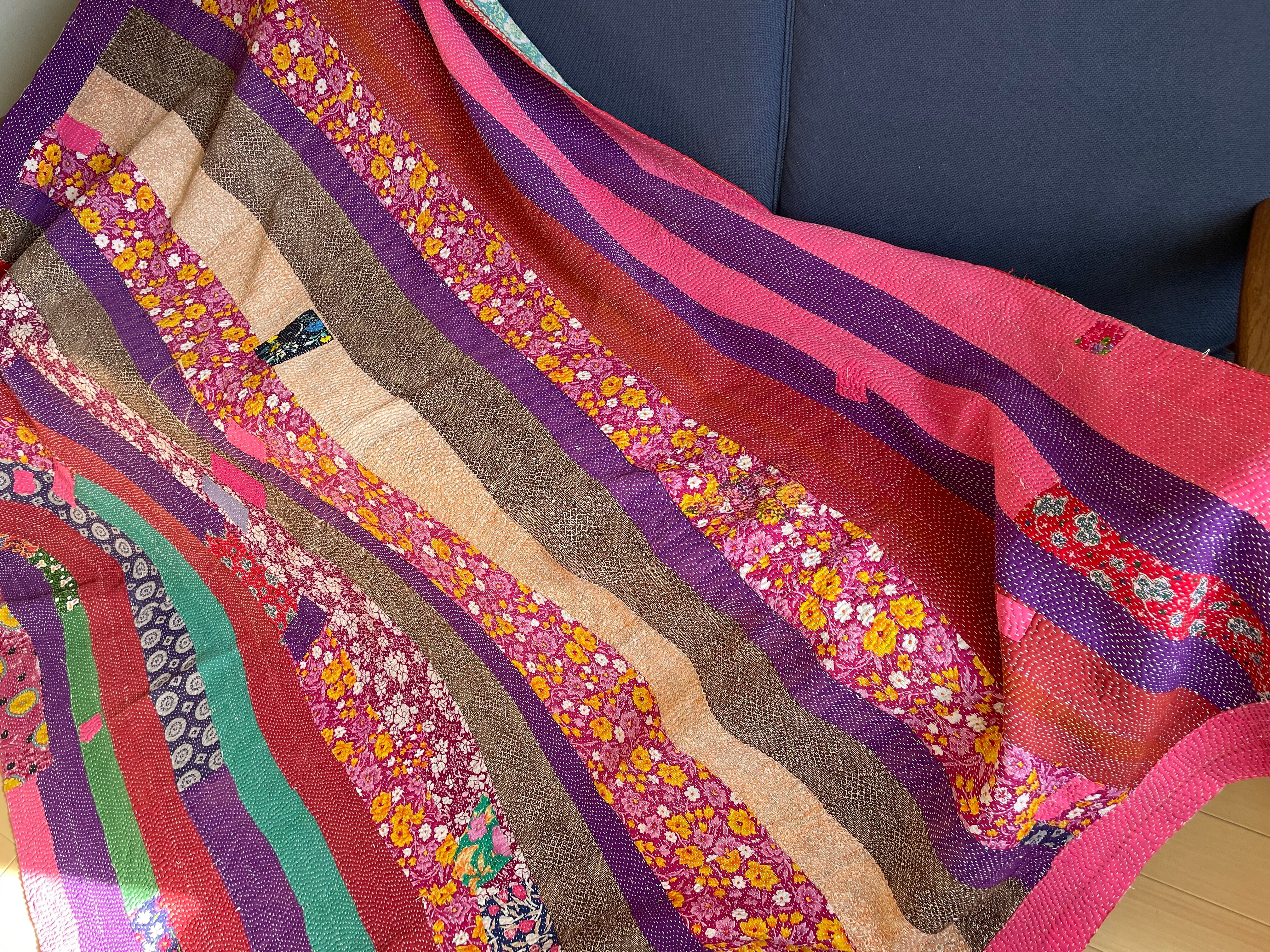 美品】インドヴィンテージラリーキルトカンタ刺繍紫グリーン刺し子