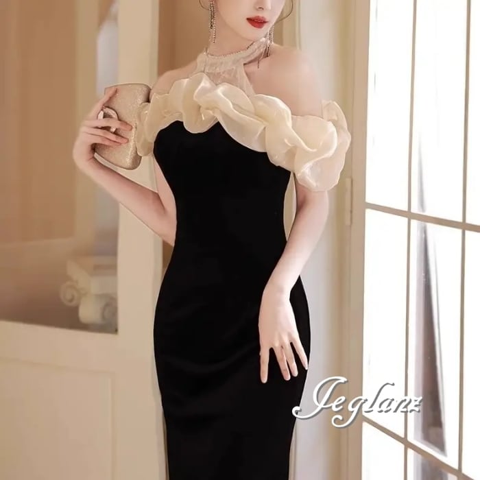 イブニングドレス ベルベット調 バイカラー パール オフショル(MB244) η