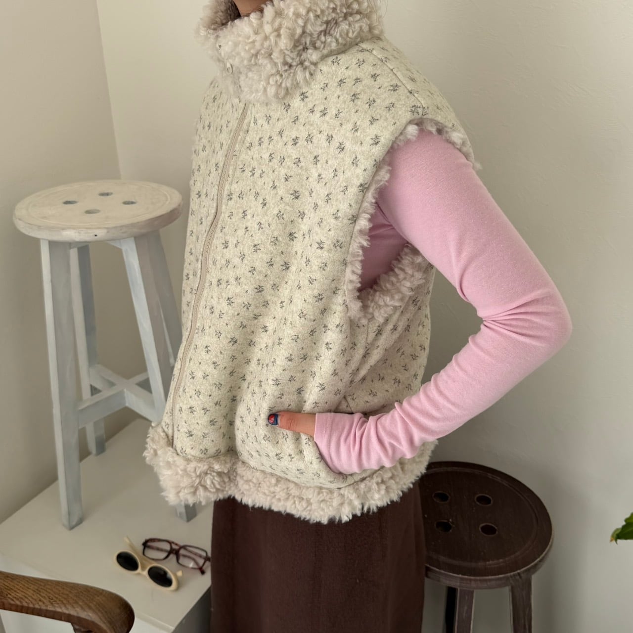 花柄リバーシブルボアベスト_LN03740 | lanan(ラナン)