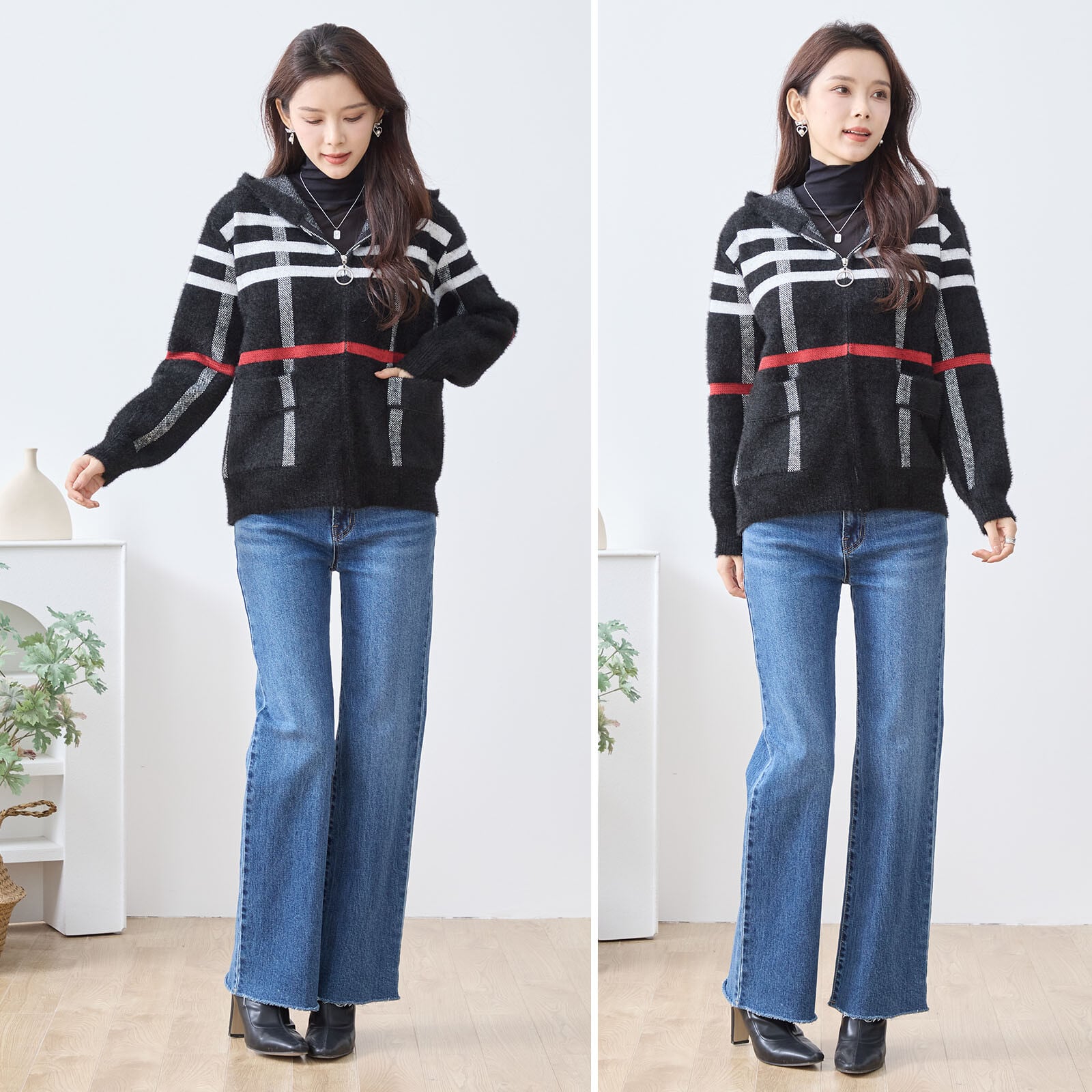 【M〜L】チェック柄フードデザインシャギーニットジャケット (R32-314B)