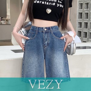 デニムショートパンツ ハイウエスト美脚夏 ワイドシルエット ボトムス 短パン 体型カバー 着やせ 半ズボン 大人カジュアル ハーフパンツ ロールアップ ボトムス VEZY ベジー ItemNo.【22949805】
