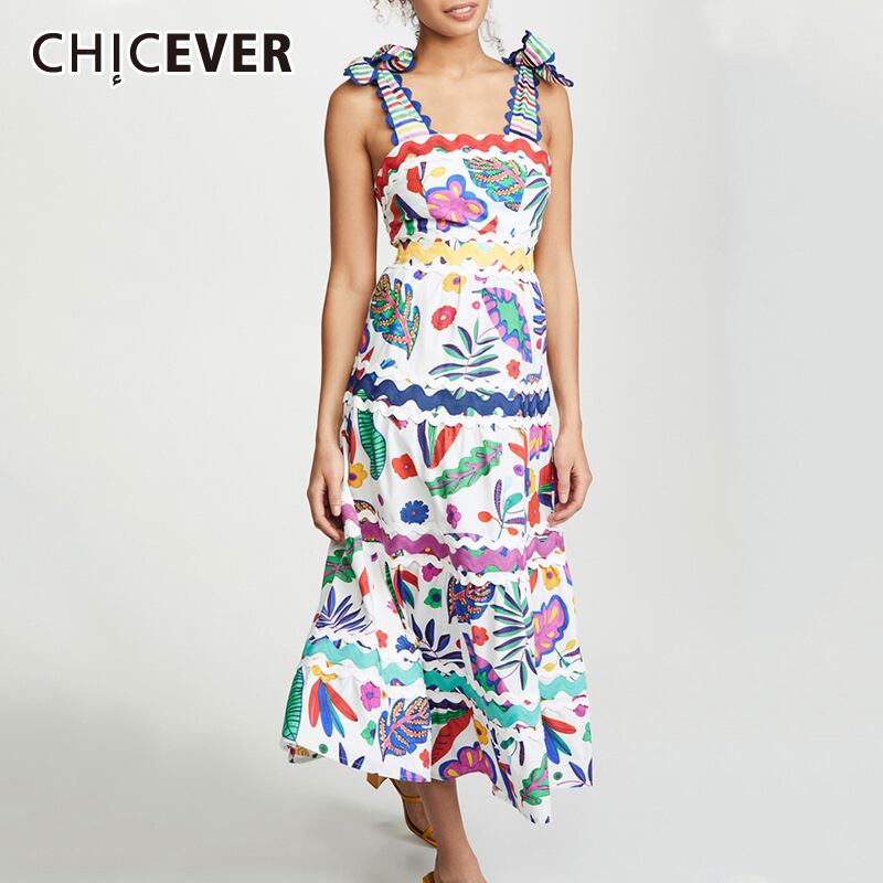 CHICEVERヴィンテージボウノットプリントレディースドレススクエアカラースパゲッティストラップノースリーブウエストスリムAラインミディドレス2019 リボン スクウェア ビンテージ 6base561970943083