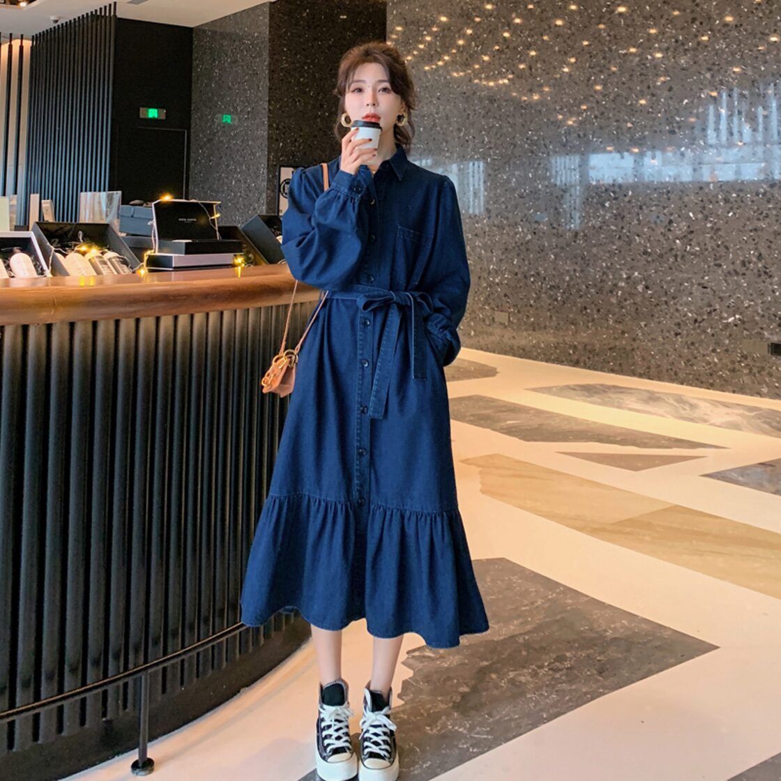ワンピース デニムワンピース 膝下 ロング ロング丈 袖あり 長袖 襟  