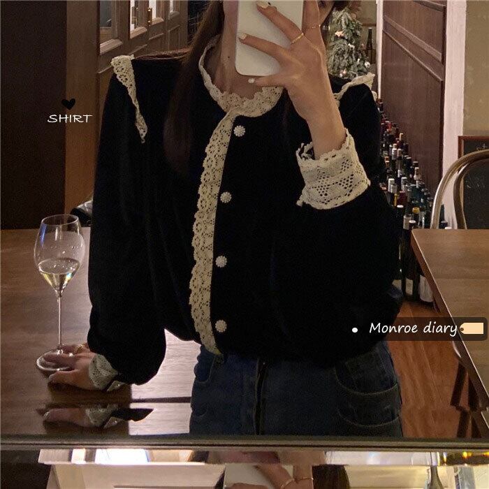 スタイルブラックベルベットシャツ レディーススタンダードスプリングジャケット トップス ロング レトロ 春物 モンロー70872969943