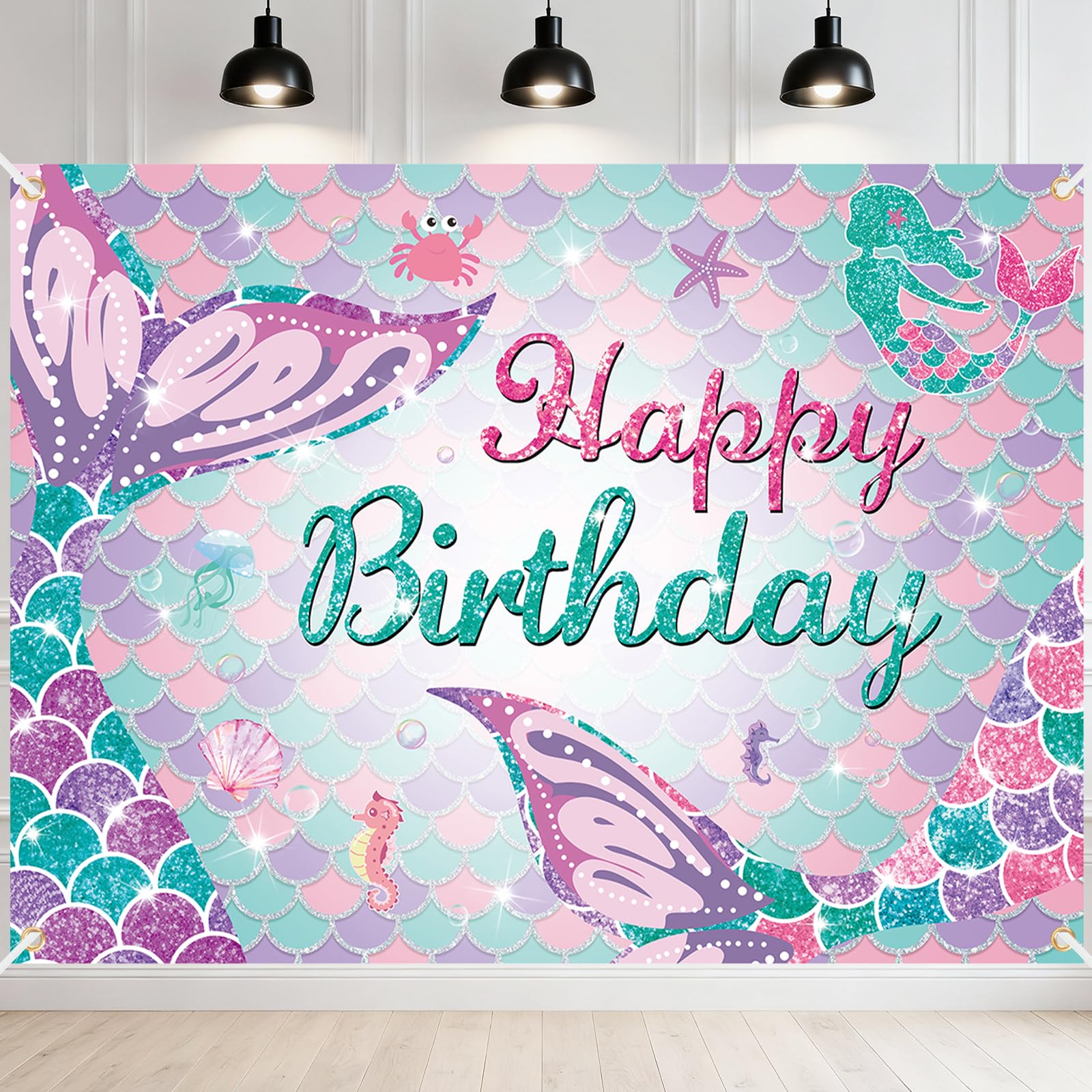【特価処分】Paready バースデー タペストリー 人魚 誕生日 飾り付け 写真背景 Happy Birthday パーティー 壁掛け フォトポスター デコレーション お祝い 子供 女の子 135*100cm マーメイド