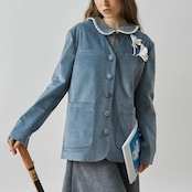 青い庭に咲く白影：花飾りコーデュロイジャケット《XU0263》