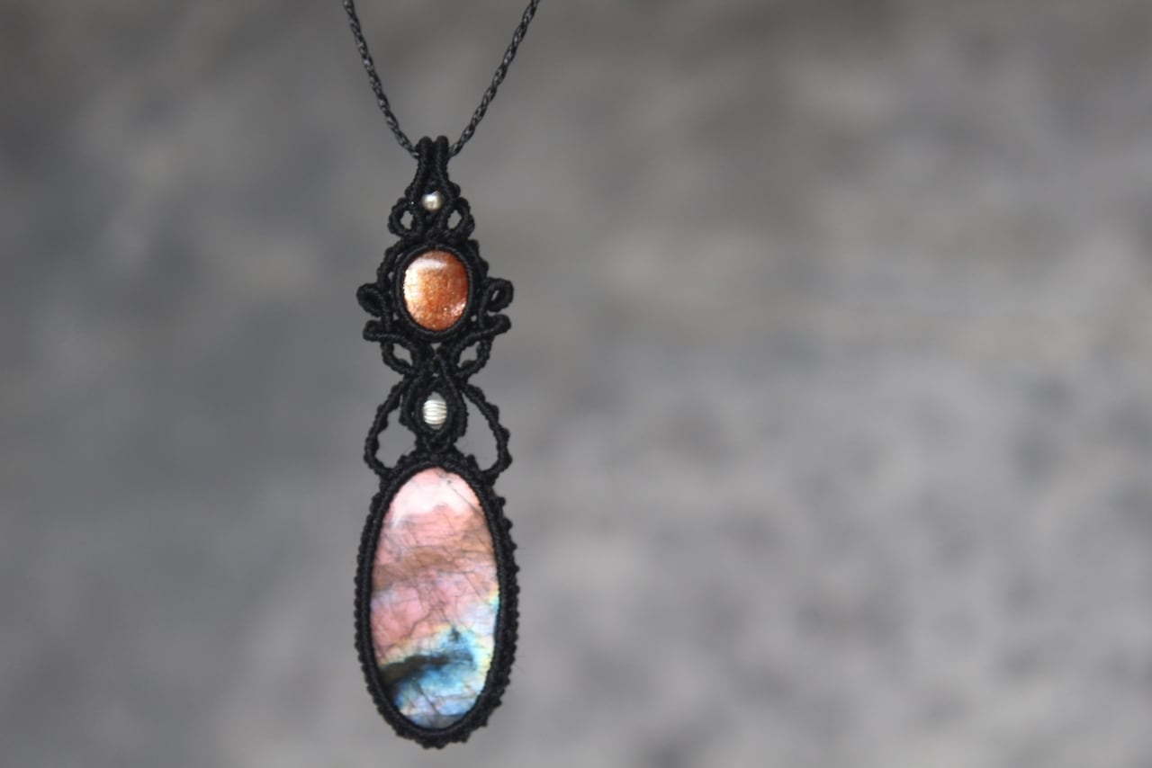 Multi purple Labradorite & Sunstone micro macrame pendant