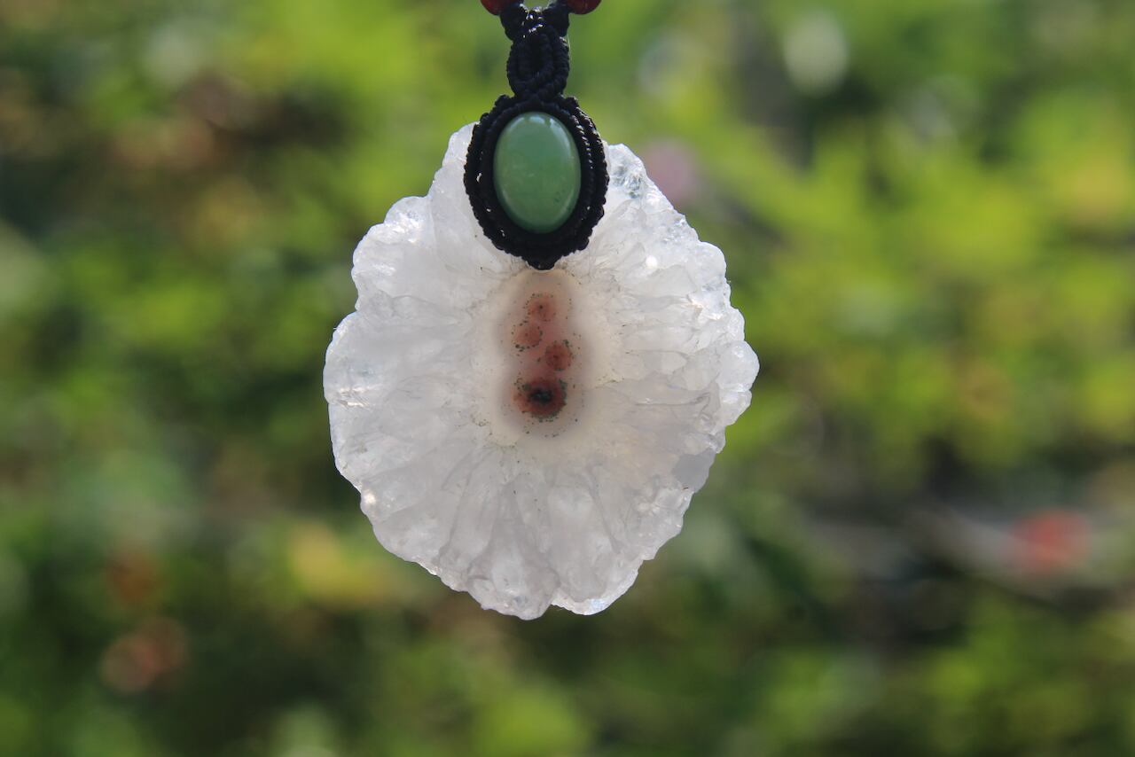 Solar Quartz & Serpentine micro macrame woody pendant