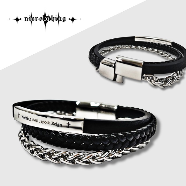 《1st day MEGA大特価》LAYERED CHAIN PU LEATHER BRACELET【SILVER】