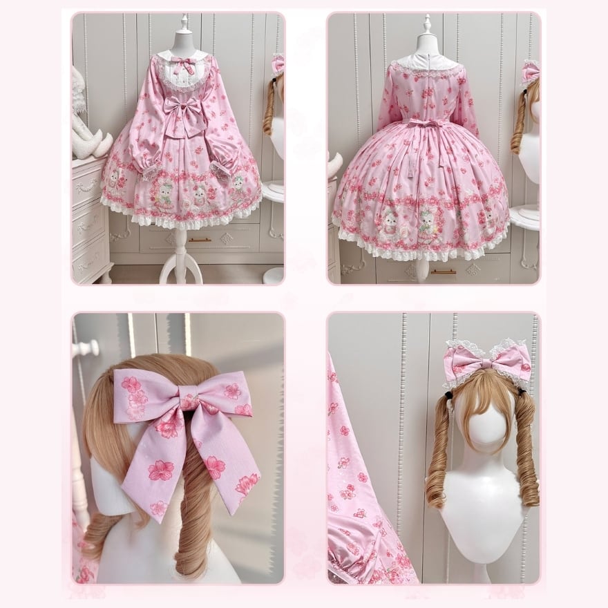 ロリータファッション 甘ロリワンピース ゆめかわいい桜ピンクのうさぎ