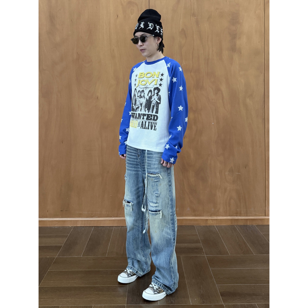 VINTAGE ストリート スタースリーブ ワッフルロングTシャツ T2237
