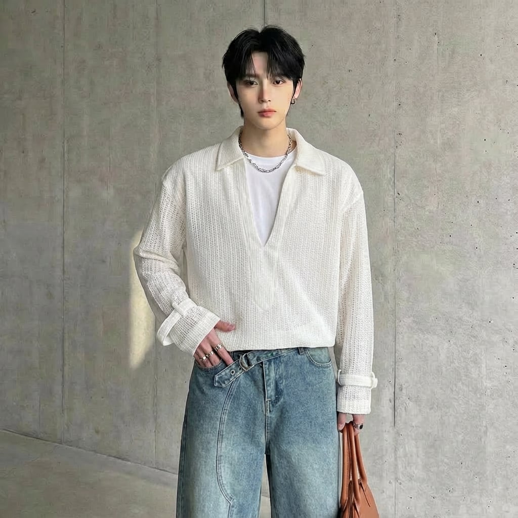 フェイクツーピース長袖ニットシャツ 4カラー D11900