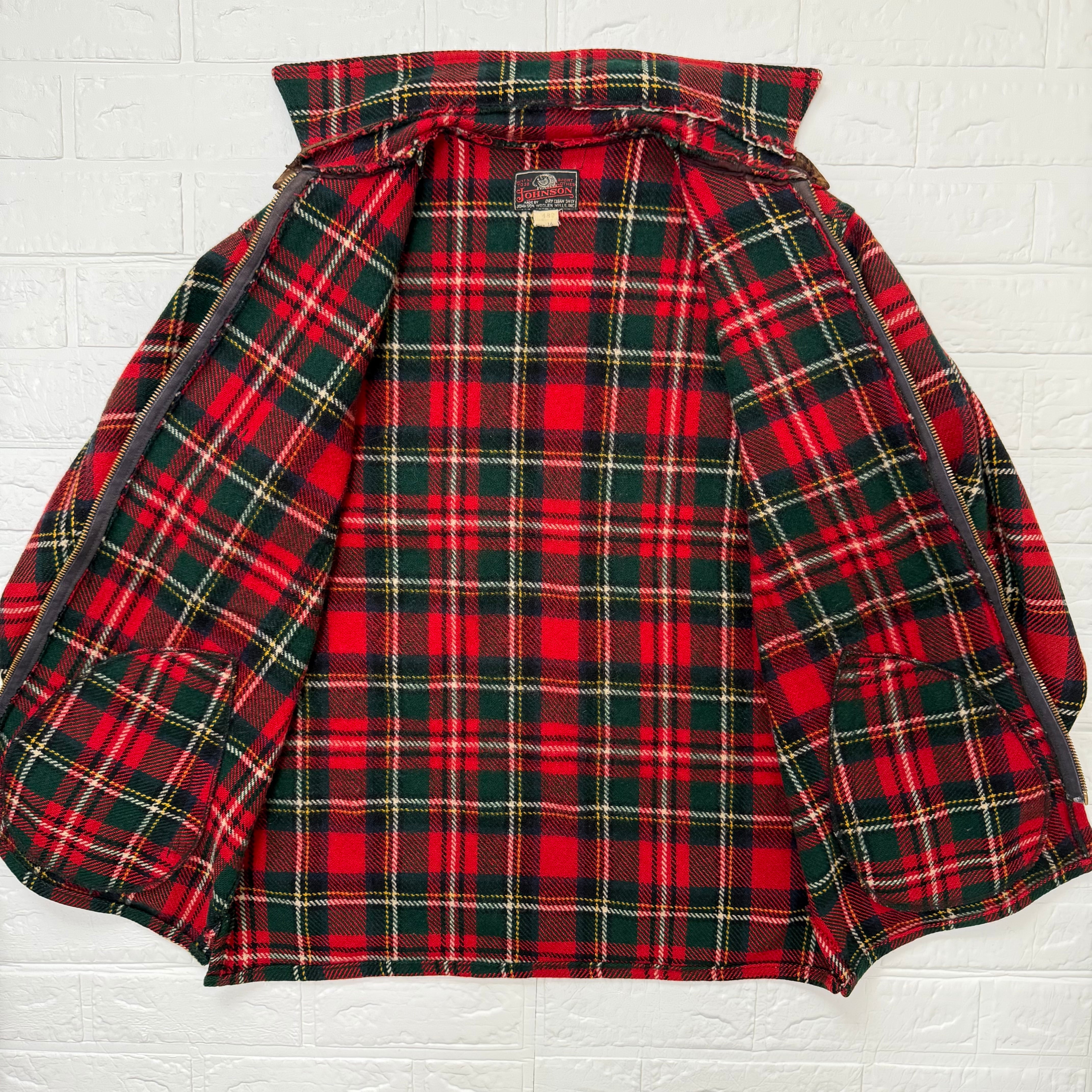 レオナール　ノーカラージャケット 赤・緑・青 チェック柄　M相当 JOHNSON WOOLEN MILLS 60s タータンチェック ウール マッキーノ