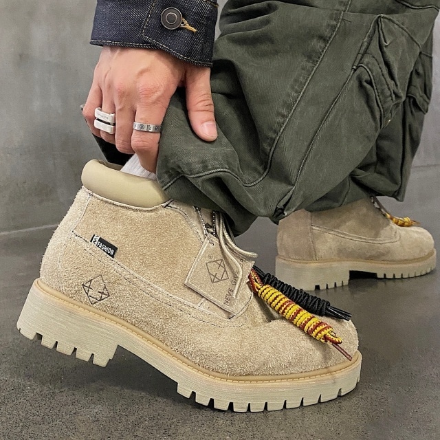 【予約販売】ブーツ メンズ ワークブーツ 編み上げ スエード ベージュ シューズ 靴 厚底 お洒落 カジュアル 24cm/24.5cm/25cm/25.5cm/26cm/26.5cm/27cm