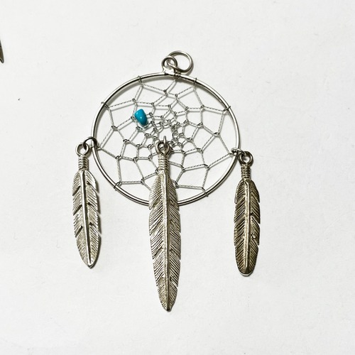 Southwestern Sterling Turquoise Dreamcatcher Big Pendant Top By Les Walker