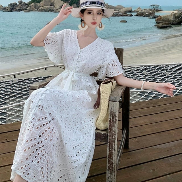 ホワイトロングワンピース 半袖 レース アンティーク ホワイト ロング