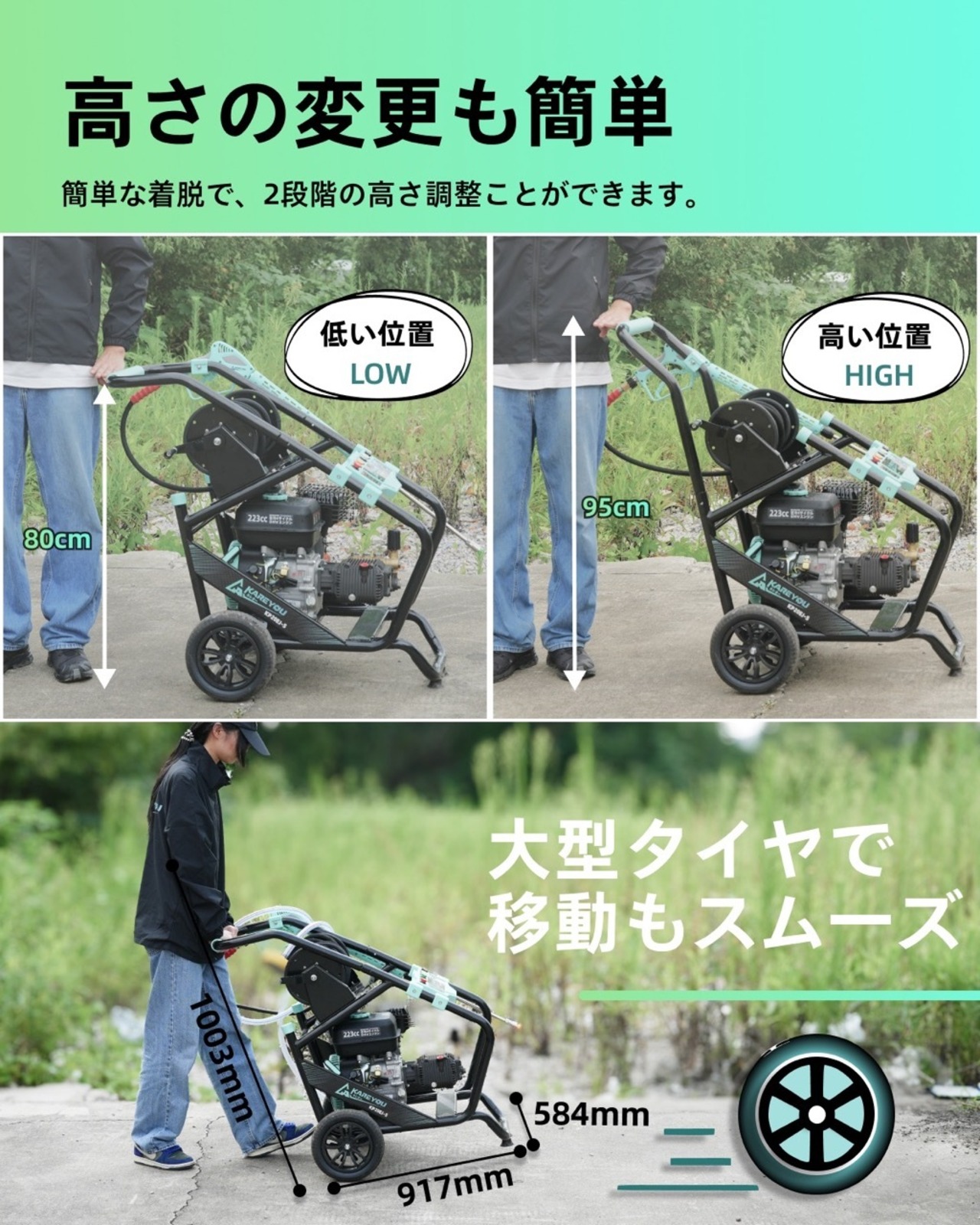 kareyou エンジン高圧洗浄機 223cc 使用圧力20.6MPa 吐出量11.3L/min 高耐久クランク式3連プランジャーポンプ セラミック溶射仕様 自吸1.5m ホースリール付き 10m高耐久高圧ホース 大型タイヤ 2WAYハンドル ガソリン式 業務用 KR20EJ-s