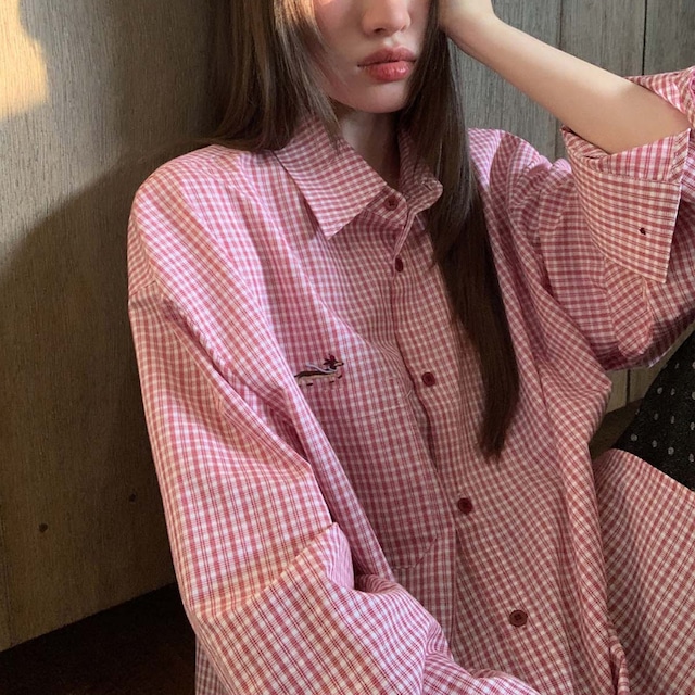 check pattern dog embroidered oversized shirt J00072