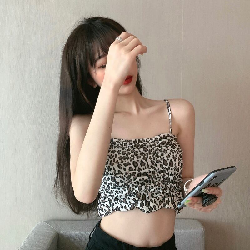 セクシーなヌードヒョウ柄キャミソールレディースサマーショートノースリーブアウタージャケットブラックインナーベースシャツ ブラックストロベリース92746865510