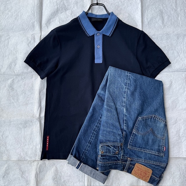 Prada プラダ ポロシャツ ダークネイビー ロゴ コットン 古着 M 画像9