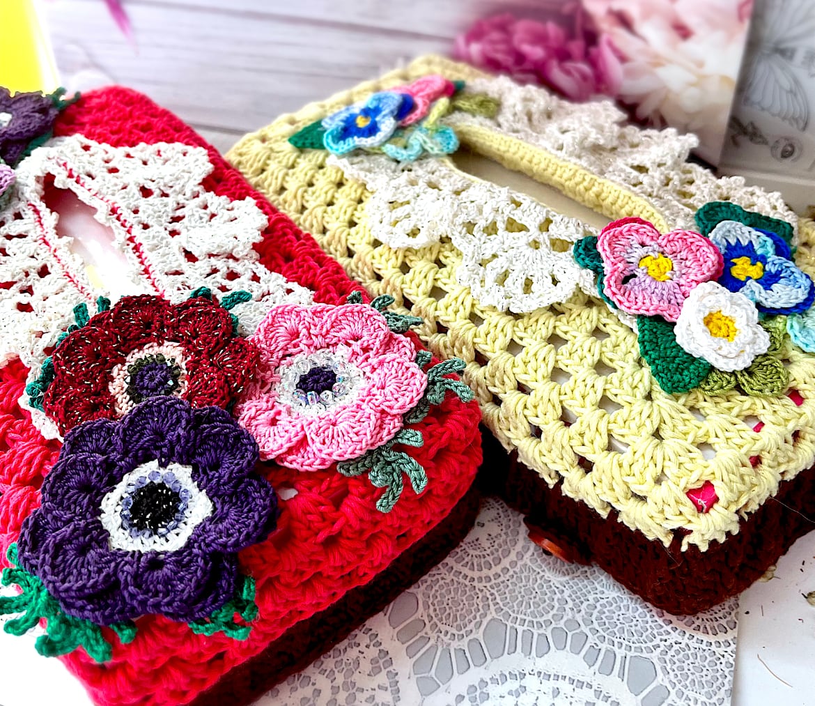 夏の花 かぎ編みハンドメイド ボックスティッシュケース雑貨 - インテリア