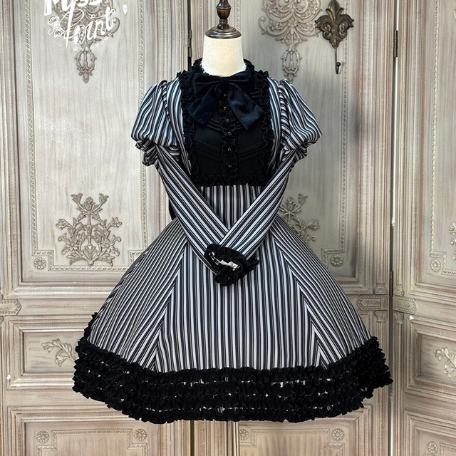 ゴスロリ ワンピース バックリボン 森ガール ミドル丈 ストライプ柄 上品 お茶会衣装