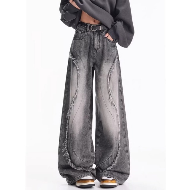 フリンジステッチラインワイドシルエットデニムパンツ 2col   R01872