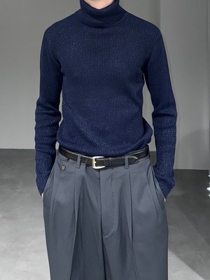 lamé turtle neck knit / navy × blue lamé