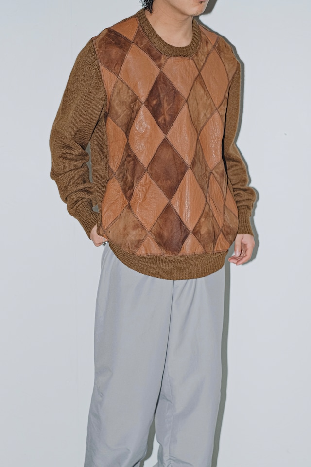 1990s leather patch argyle knit