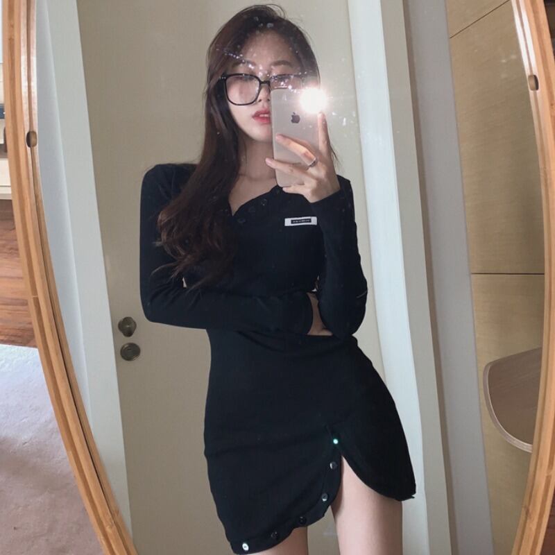 オータムスタイルウェストVネックボタンドレス スカート ロング 秋物 YY-ファッション53242023752