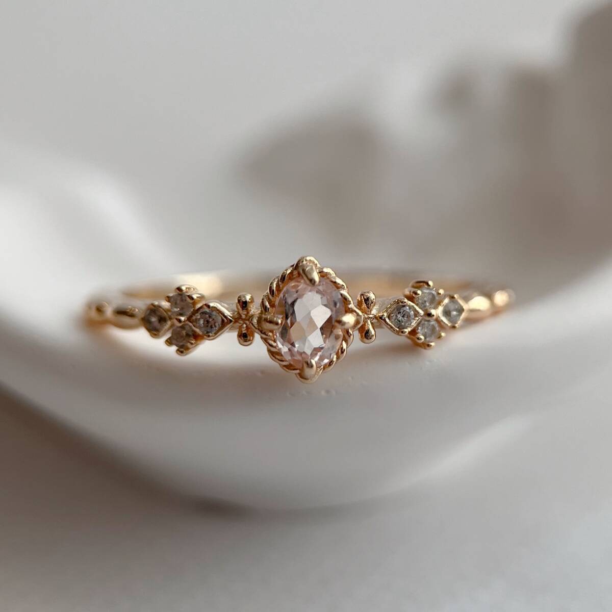 天然モルガナイト　クローバーモチーフリング　silver925