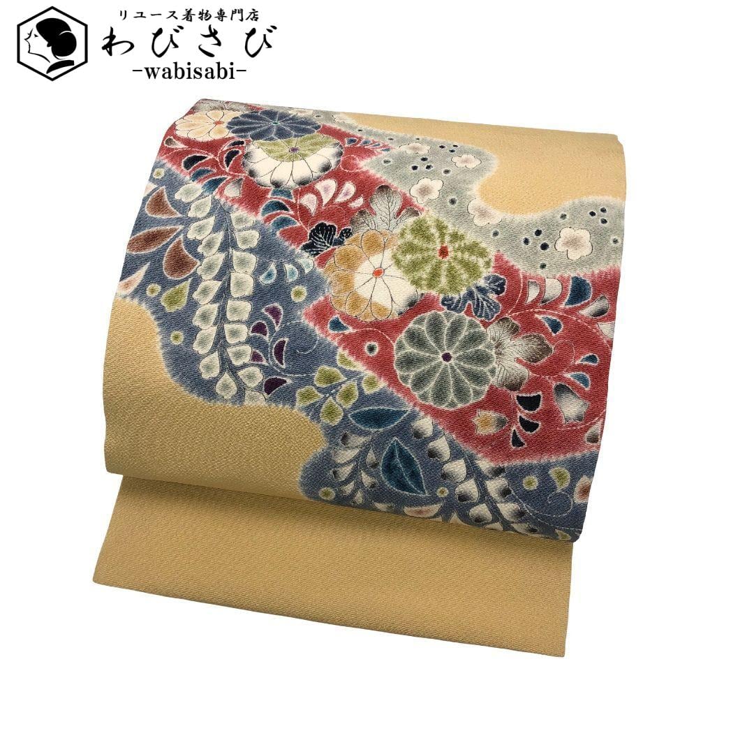 名古屋帯 紬 横段織模様 白茶色 長尺 O-6146 着物 きもの kimono 和服