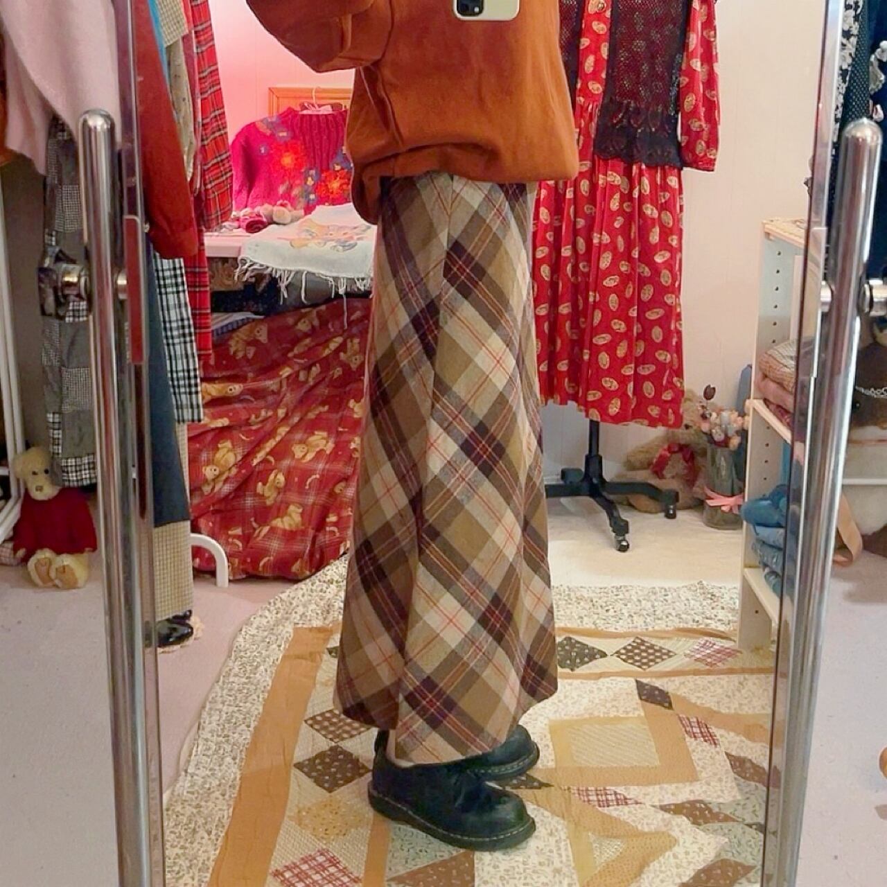 orange check wool long skirt